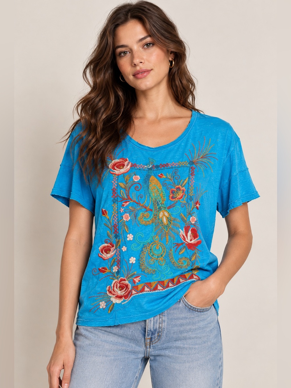 Johnny‎ Was Turquoise Short Sleeve Tee with Multicolor Embroidery
